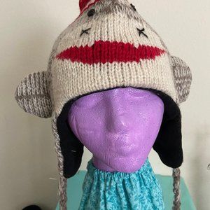 Adult Knit Sock-Monkey Themed Hat with Braided Ties